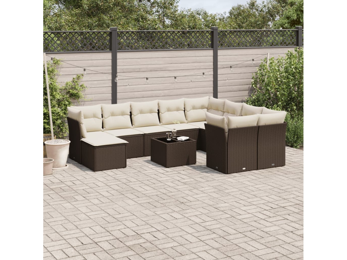 Vidaxl 11 Pcs Conjunto Sofás de Jardim C/ Almofadões Vime Pe Castanho