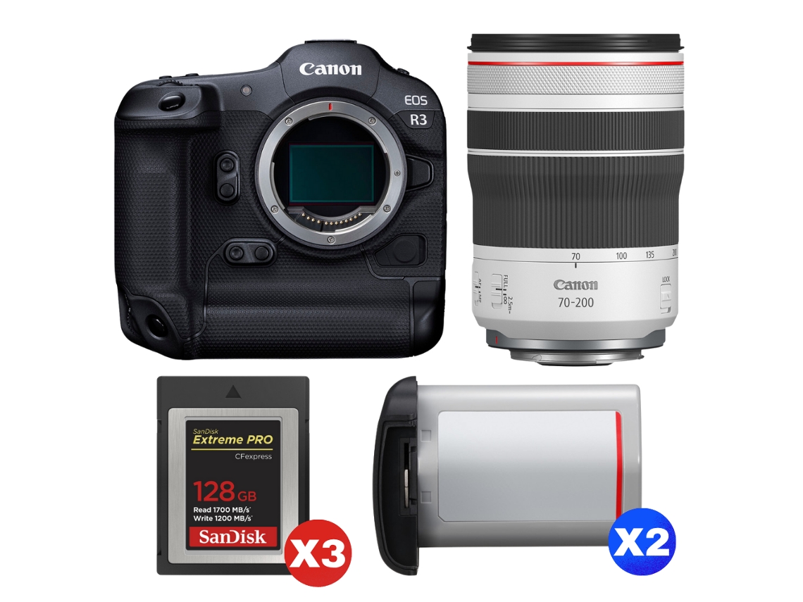 Eos R3 + Rf 70 200mm F/4 L Is Usm + 3 Sandisk 128gb Extreme Pro Cfexpress Type B + 2 Canon Lp e19 + Ebook “20 Dicas para Fotos Que Impressionam” CANON