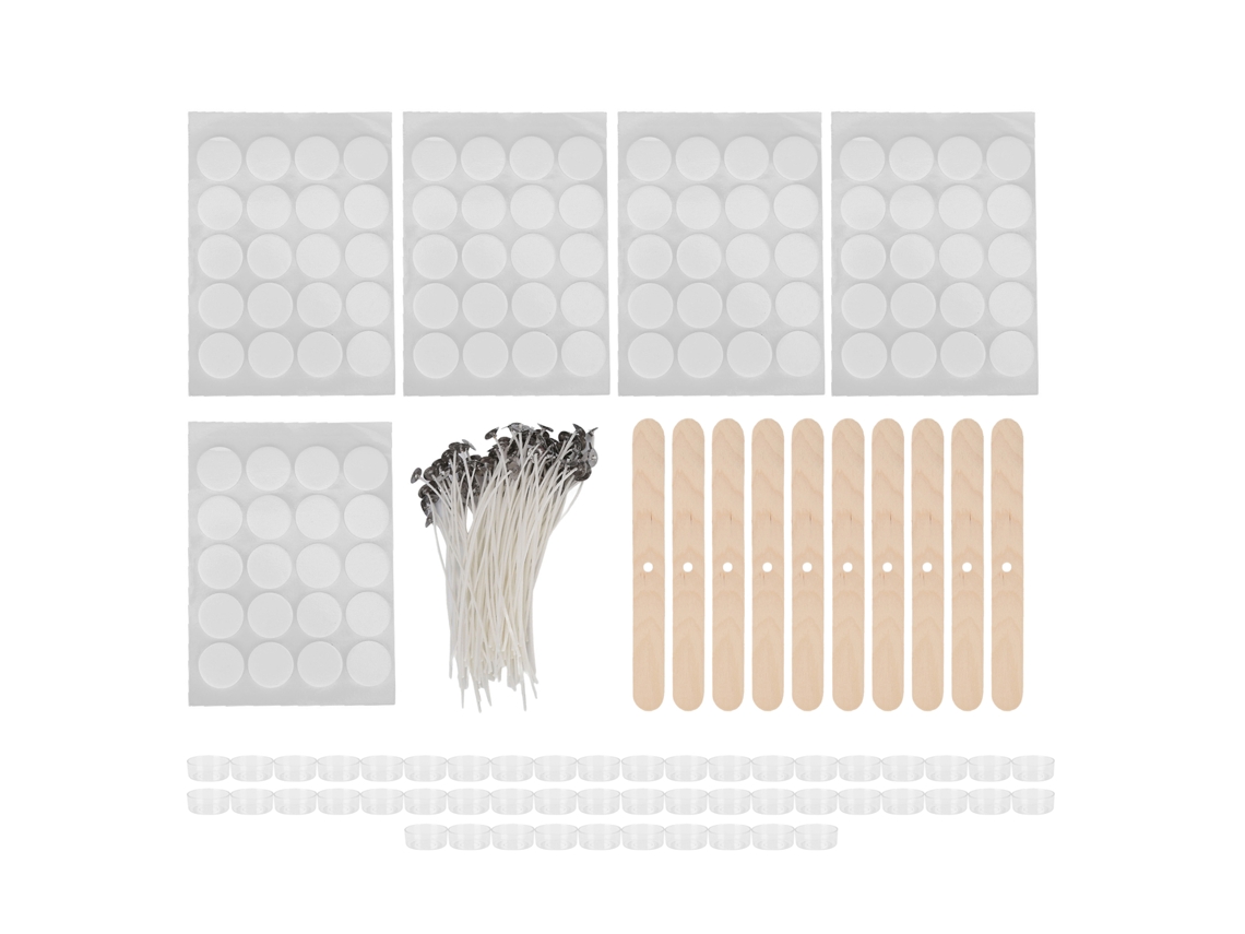 2026 Store kit para Fazer Velas com 100 Mechas de 15cm, 100 Adesivos, 50 Caparazones e 10 Portamechas de Madeira