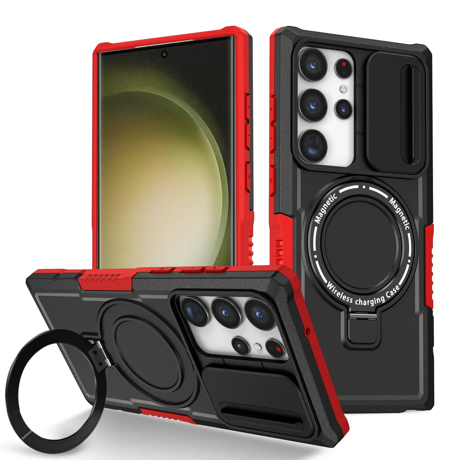 Capa Protetora Reforçada (vermelha E Preta Para Galaxy S22 Plus) Com Suporte Para Carro E Carregamento Sem Fio Magnético.