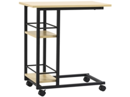 Mesa Lateral Com Rodízios, Mesa Lateral Em Formato De C Com 2 Prateleiras, Estilo Moderno, 60x34,5x64,5 Cm, Cor Natural.