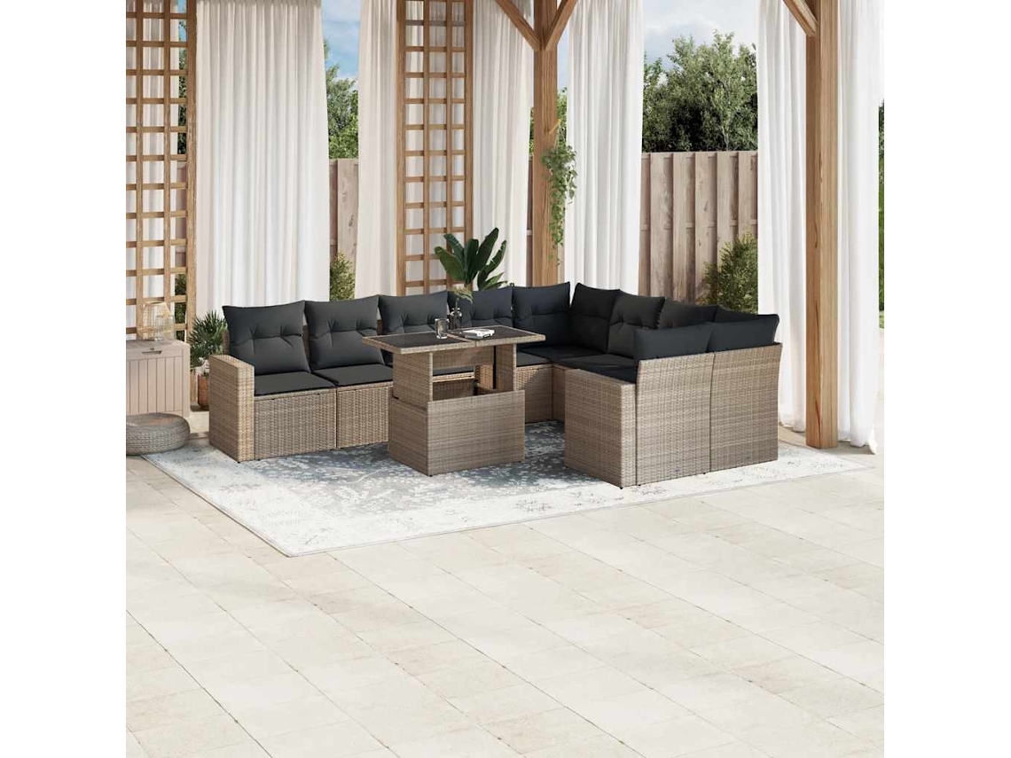 Vidaxl 10 Pcs Conj. Sofás Jardim Com Almofadões Vime Pe Cinzento-claro