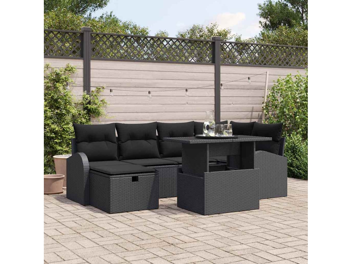 Vidaxl Conjunto De Sofá De Jardim 7 Unid. Preto Vime Pe