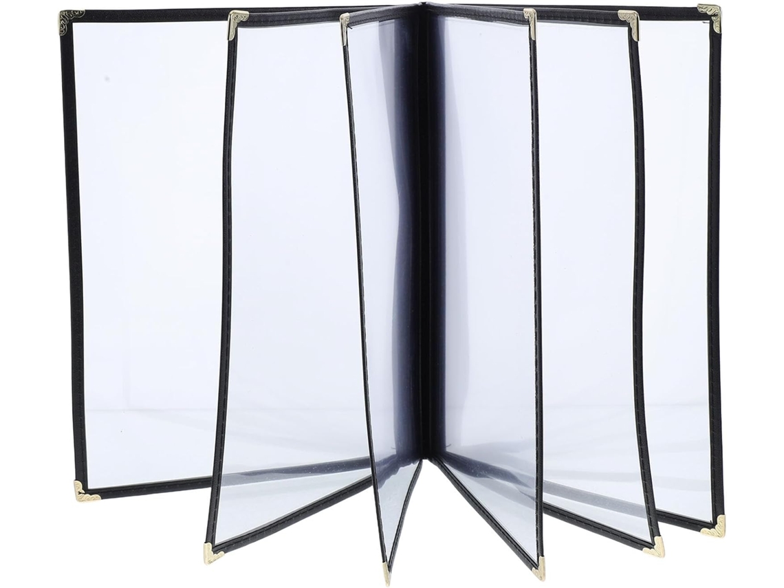Porta-menus transparente em PVC com 6 páginas e sacos para inserir, resistente a manchas, ideal para banquetes e menus.