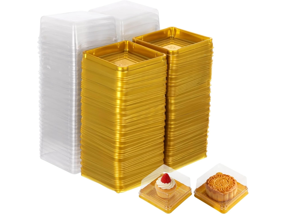 Caixas Transparentes Para Mini Bolos Com Bandeja Dourada, 100 Unidades