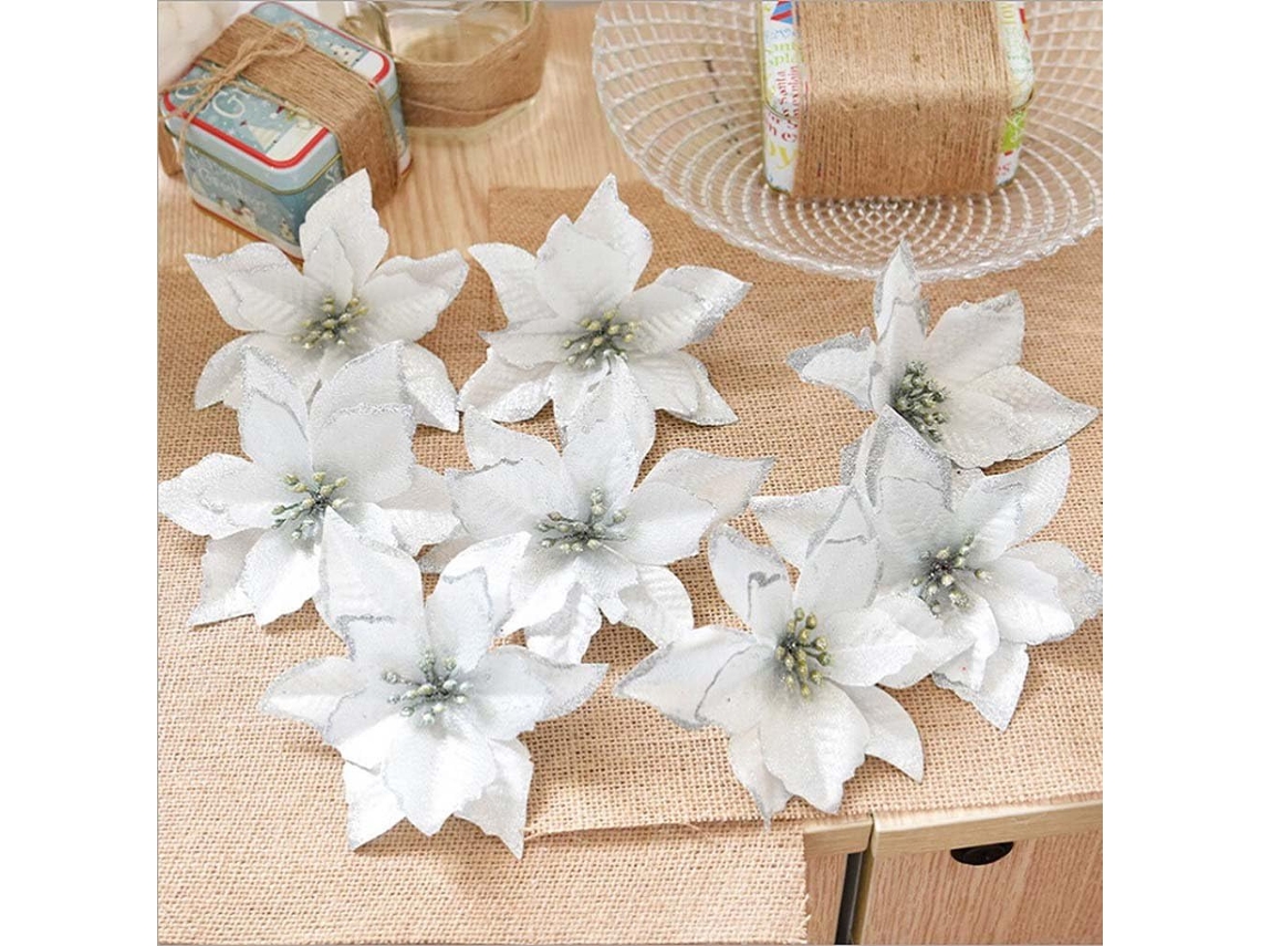 8 Unidades de Ornamento de Guirlandas de Flores Artificiais com Glitter para Decoração de Casamento de Natal Prata