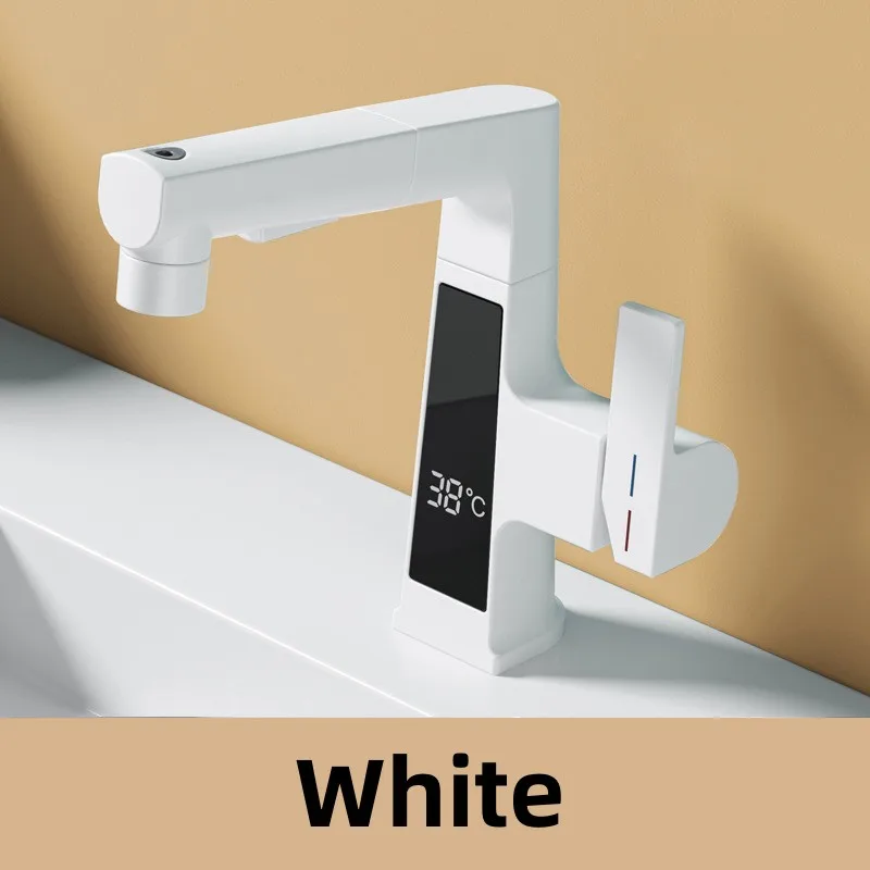 (branco) Torneira De Banheiro Com Led, Visor Digital Para Água Quente E Fria, Sistema De Elevação Extensível.