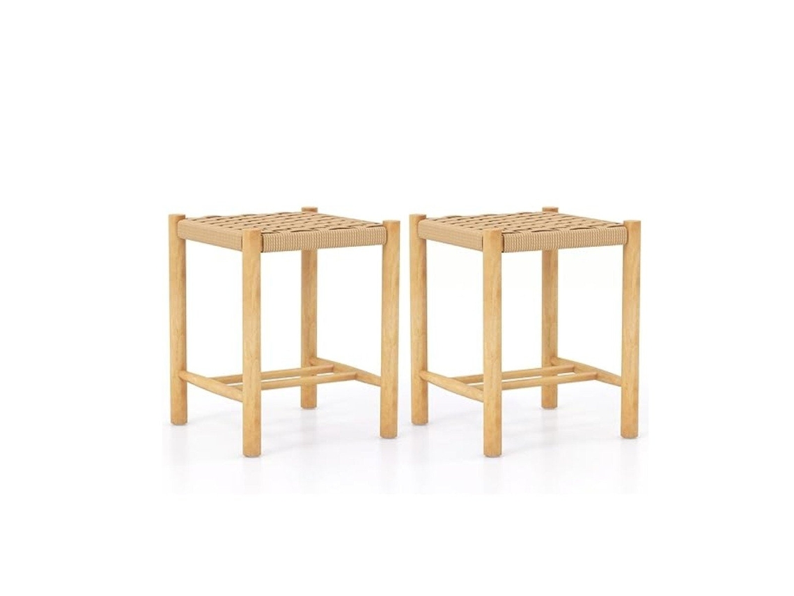 Conjunto Bancos Jantar Estrutura Madeira Borracha, Assento Papel Trançado 36x36x45 Cm NORTHIO