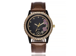 Relógio de Pulso Feminino de Quartzo com Pulseira de Couro Pu e Strass Padrão Florido