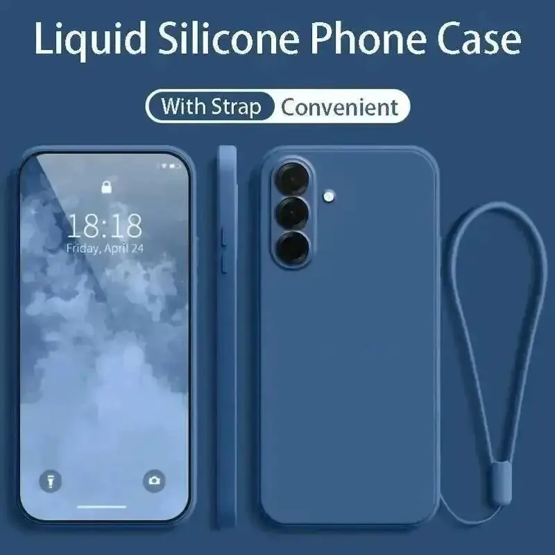 Capa De Silicone Líquido Para Celular Samsung (galaxy S26 Plus Azul) Com Alça De Pulso E Cordão.