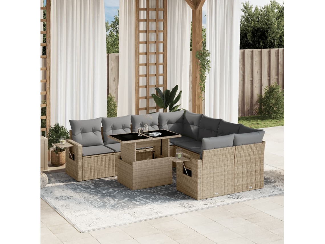 Vidaxl 9 Pcs Conjunto De Sofás P/ Jardim Com Almofadões Vime Pe Bege
