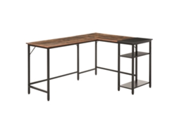 Secretária Angular Em Estilo Industrial Com Prateleira Lateral, Em Madeira E Metal Preto, 150x120x75cm