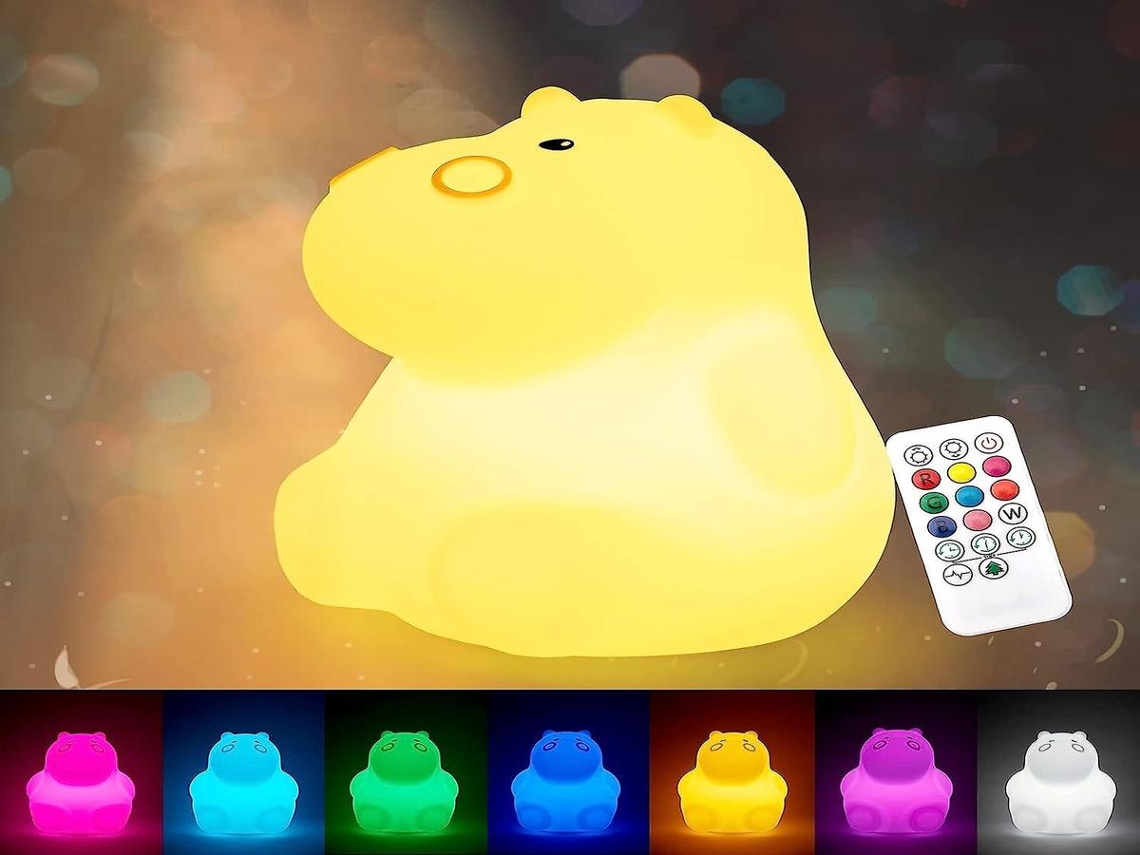 Luminária noturna Lurelia em formato de hipopótamo, feita de silicone resistente, com controle remoto, sensor de toque e iluminação RGB para bebês e crianças.
