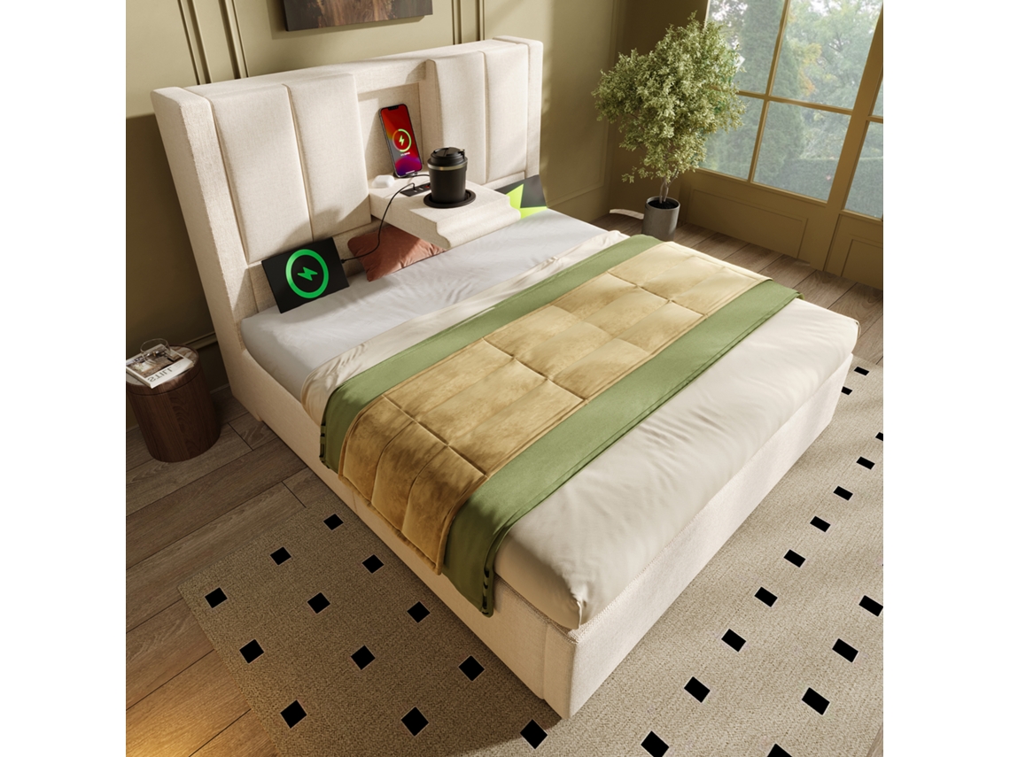 Cama Estofada 90x200cm com Portas Usb e Tipo C, Porta copos Integrado, Baú Hidráulico, Estrado, Bege KOMHTOM