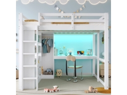 Cama Alta 140x200 - 2 Gavetas, Prateleiras, Secretária Inferior, Led E Usb - Branco