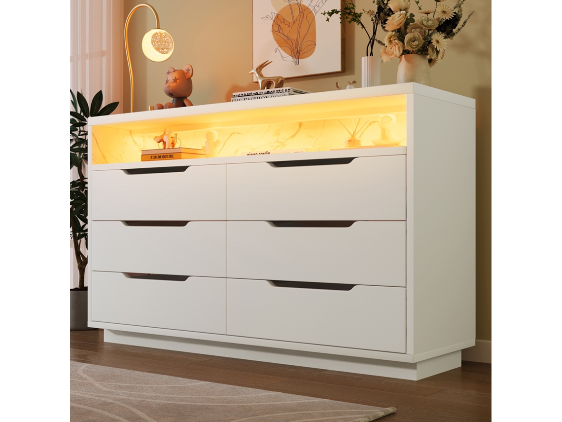 Cômoda Branca 120x40x85cm, Led, 6 Gavetas, Mármore.-hm