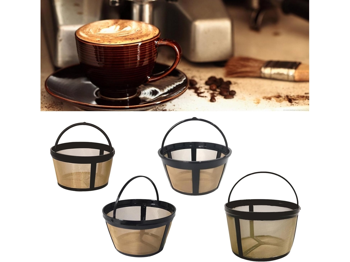Kit Com 4 Filtros De Café Reutilizáveis ​​dourados Filtro Metal Resistente Para Cafeteiras 6 8 12 Xícaras, Substituição Permanente