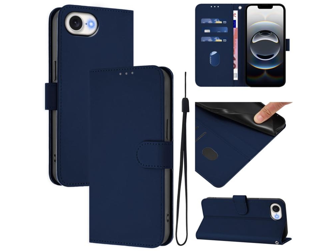 Capa De Couro Sintético Para Iphone 16e - Toque Suave - Cor Sólida - Com Cordão
