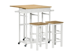 Conjunto de Mesa de Bar Dobrável com Rodízios + 2 Banquetas em Branco e Madeira Clara 2 Gavetas e Suporte para Toalhas ESSÊNCIACASA