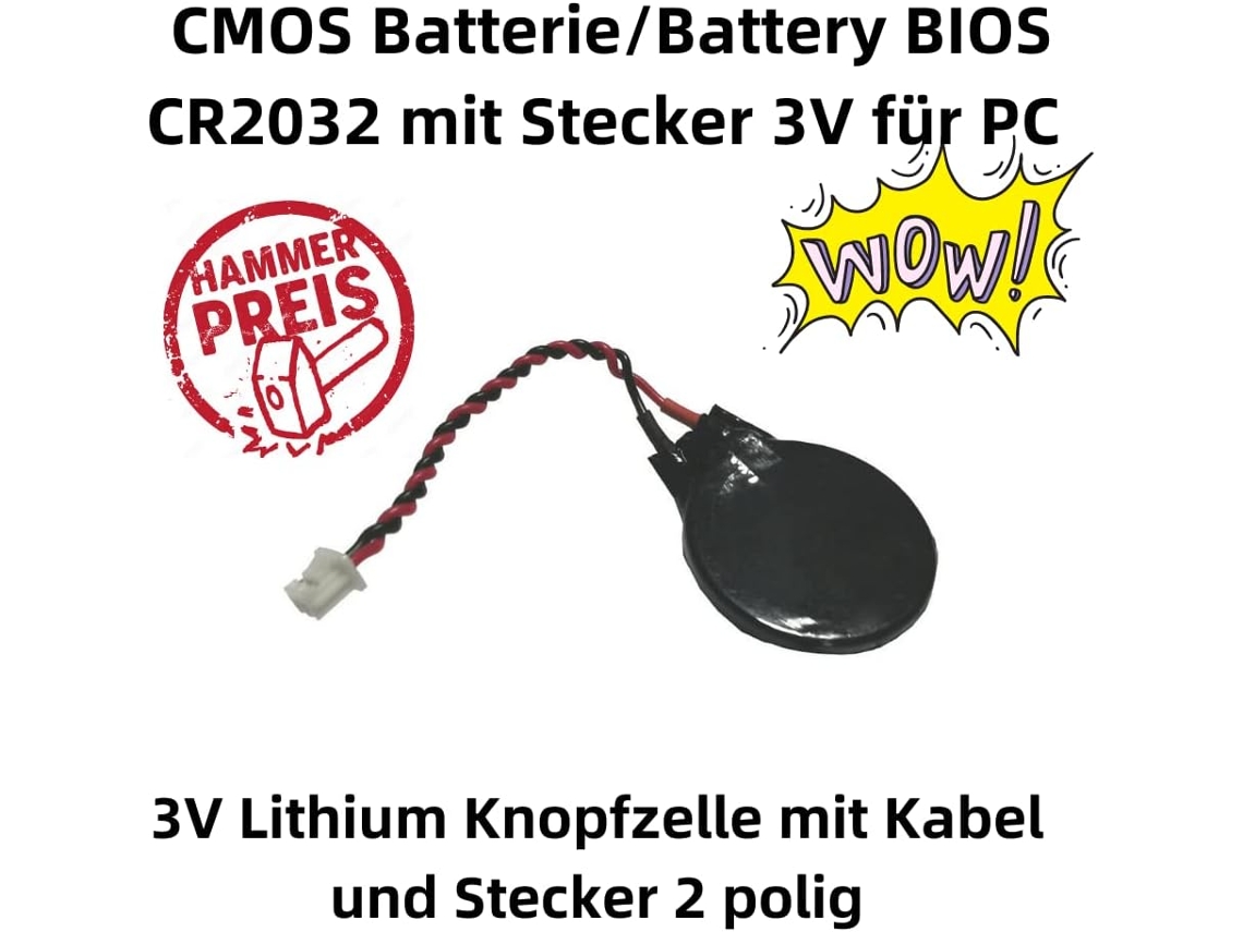 Bateria Cmos Bios Cr2032-3v G07 Com Cabo De 5 Cm, Conector De 2 Pinos E Almofada Autoadesiva Para Placa Base E Computador