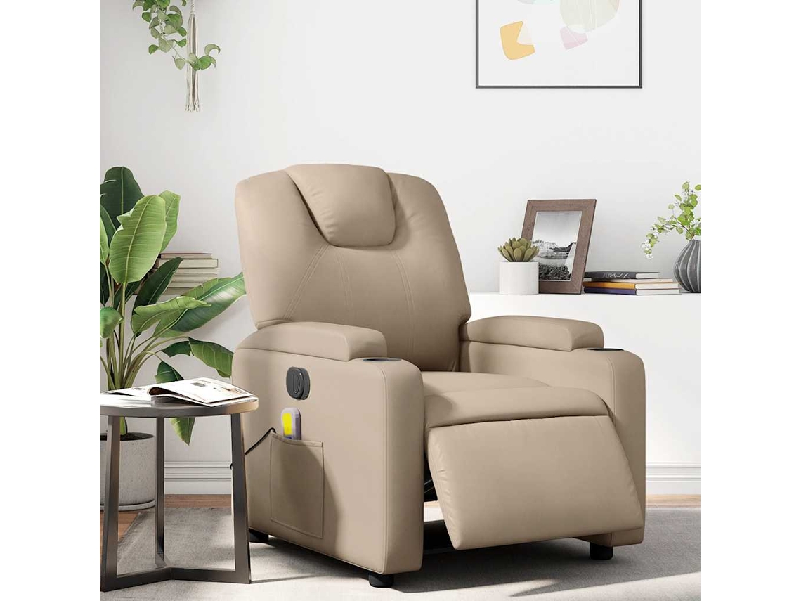 Vidaxl Poltrona Massagens Reclinável Elétrica Couro Artif. Cappuccino