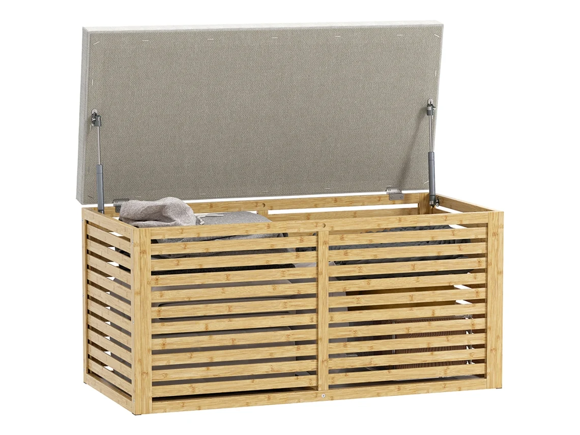 Baú de Arrumação para Dormitório 122l Estofado em Linho Sintético com Almofada Estrutura de Bambu 90x42x43 Cm Cinza e Madeira Ge
