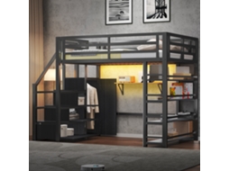 Cama Alta Metálica 140x200 Com Compartimentos De Arrumação, Armários E Roupeiro, Iluminação Led, Preta.