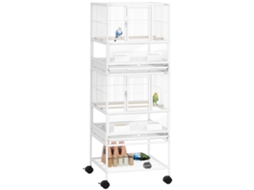 Gaiola para pássaros de 2 níveis com painéis de acrílico, comedouros, poleiras, rodas, prateleira inferior 48x46x134,5cm branco S/MARCA