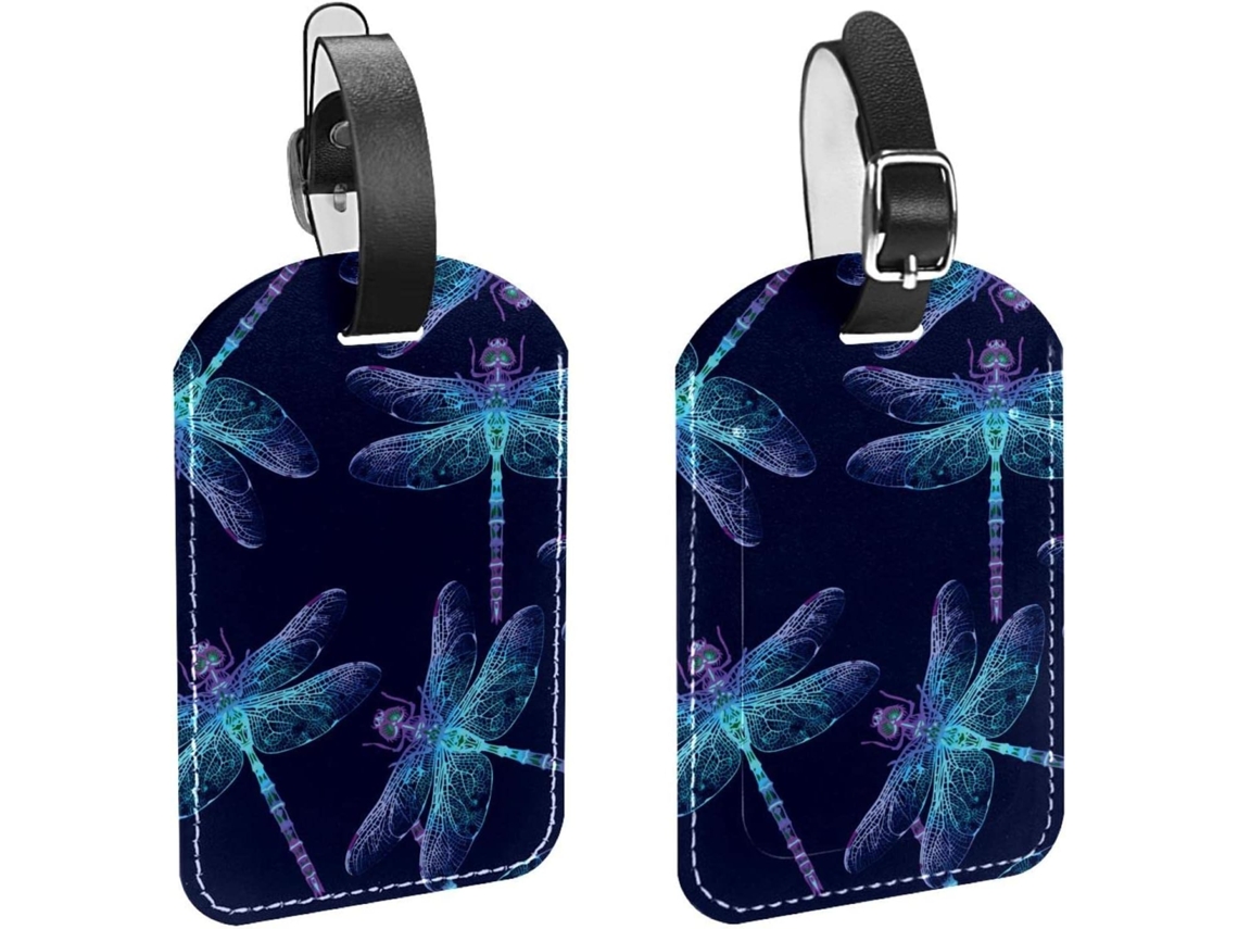 Conjunto De 2 Etiquetas Bagagem Em Imitação Couro Com Libélula E Insetos, Azul Marinho