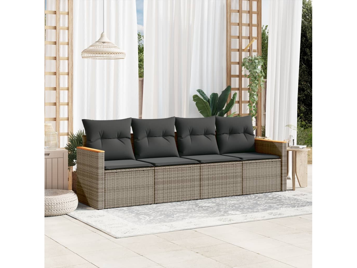 Vidaxl 4 Pcs Conjunto Sofás De Jardim C/ Almofadões Vime Pe Cinzento