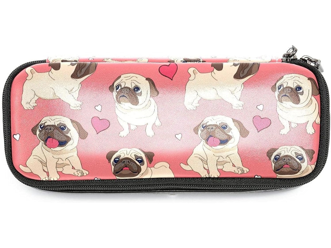 Estojo Grande Com Estampa De Pug Rosa, Ideal Escola, Escritório E Adultos, Meninas E Meninos