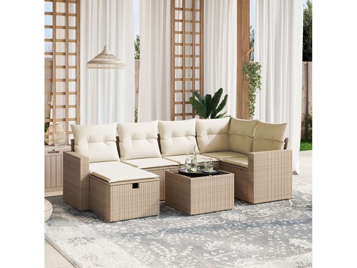 Vidaxl 7 Pcs Conjunto De Sofás P/ Jardim Com Almofadões Vime Pe Bege