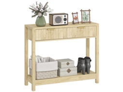 Console de Móveis 90 Cm. Mesa Console Estreita com 2 Gavetas e Prateleira com Sulcos. Estilo Moderno. Madeira Natural Ge