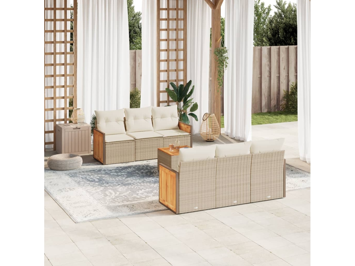 Vidaxl 7 Pcs Conjunto De Sofás P/ Jardim Com Almofadões Vime Pe Bege