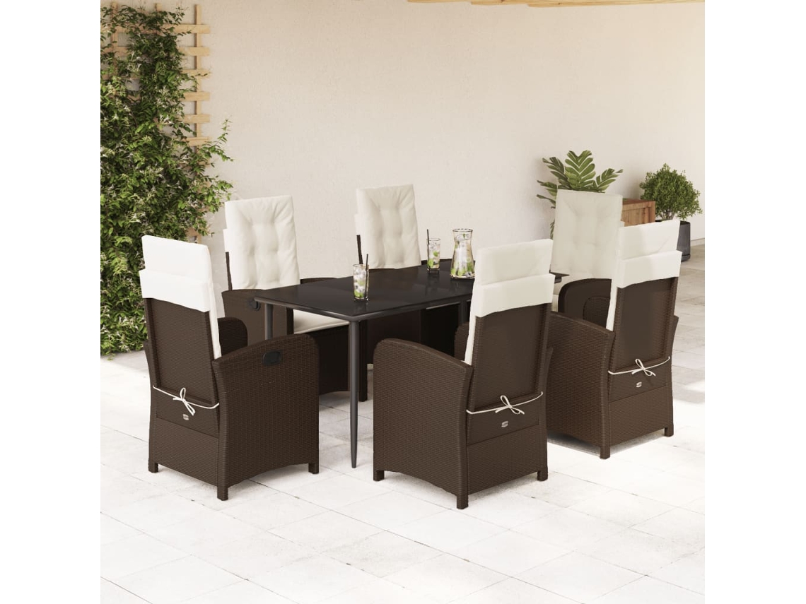 Vidaxl 7 Pcs Conjunto Jantar P/ Jardim C/ Almofadões Vime Pe Castanho