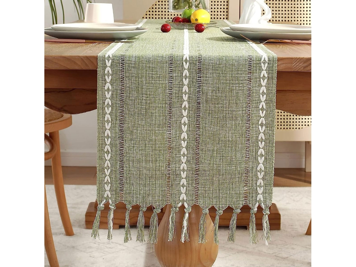 Toalha de Mesa de Linho Estilo Boho 72 Mesa Country Longa com Franjas Feitas À Mão para Restaurante de Festa 13 X 72 Verde Oliva
