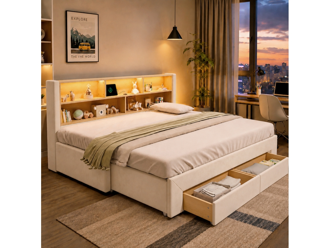 Cama Estofada Veludo Bege 90x200 Cm