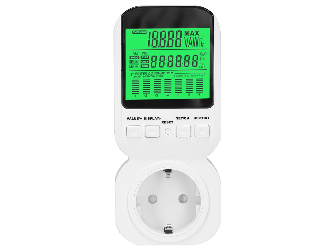 Medição de energia para eletrodomésticos Branca, Padrão Europeu, 230V/3680W, sem bateria.