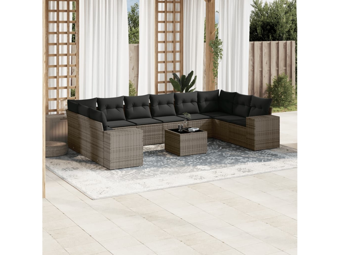 Vidaxl 11 Pcs Conjunto Sofás De Jardim C/ Almofadões Vime Pe Cinzento