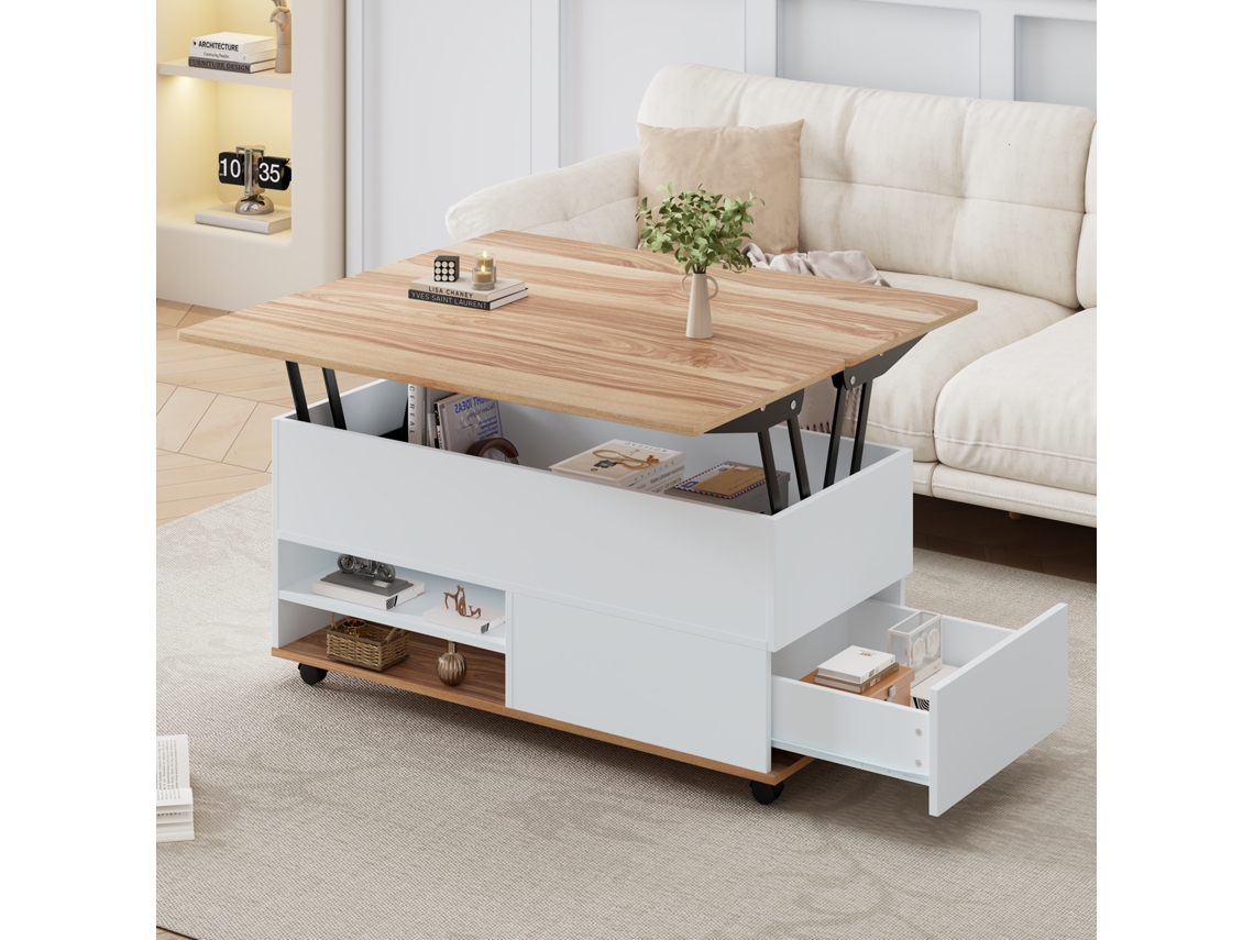 Mesa Centro Ajustável 100x98x65cm, Armazenamento Oculto, Rodízios, Gavetas, Branca+madeira. -hw