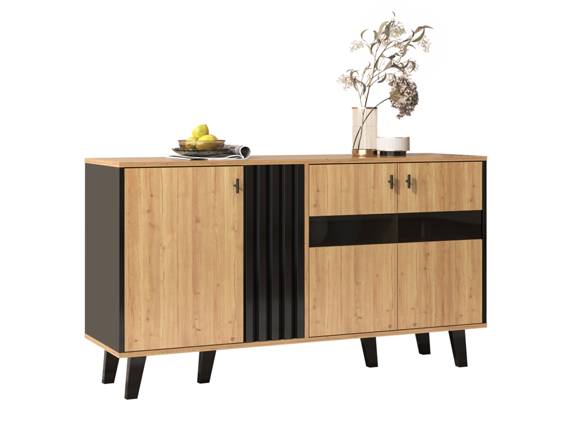 Aparador Madeira/preto 140x78,5x41cm, Led, Vidro. Ge