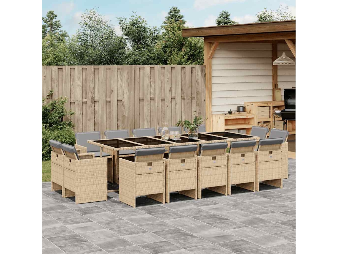 Vidaxl 15 Pcs Conj. Jantar Jardim C/ Almofadões Vime Pe Bege Misturado