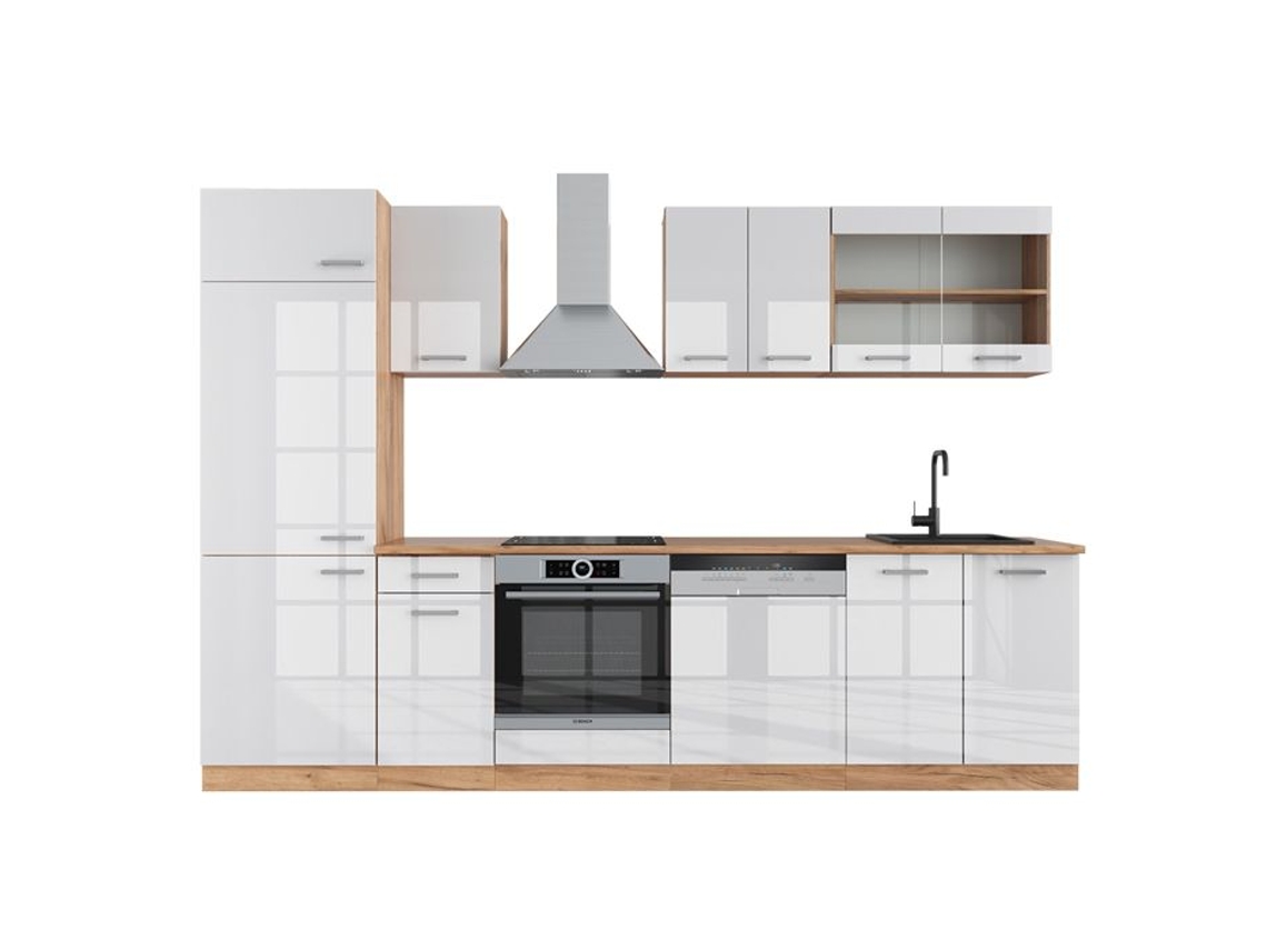 Cozinha R-Line, 300 cm sem bancada, branco brilhante/carvalho dourado, Vicco