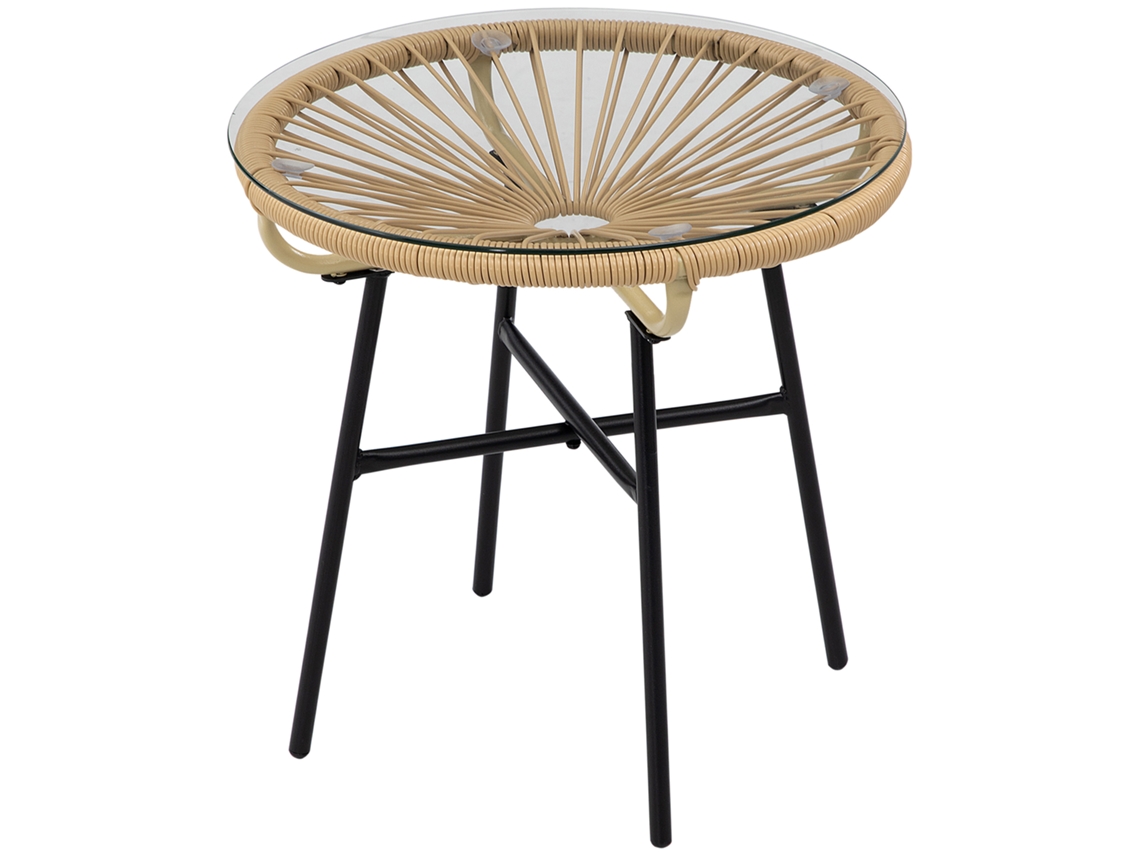 Mesa Auxiliar De Vime Sintético Para Exteriores Com Bancada De Vidro Temperado E Pés De Metal Ø50x50 Cm Bege E Preto