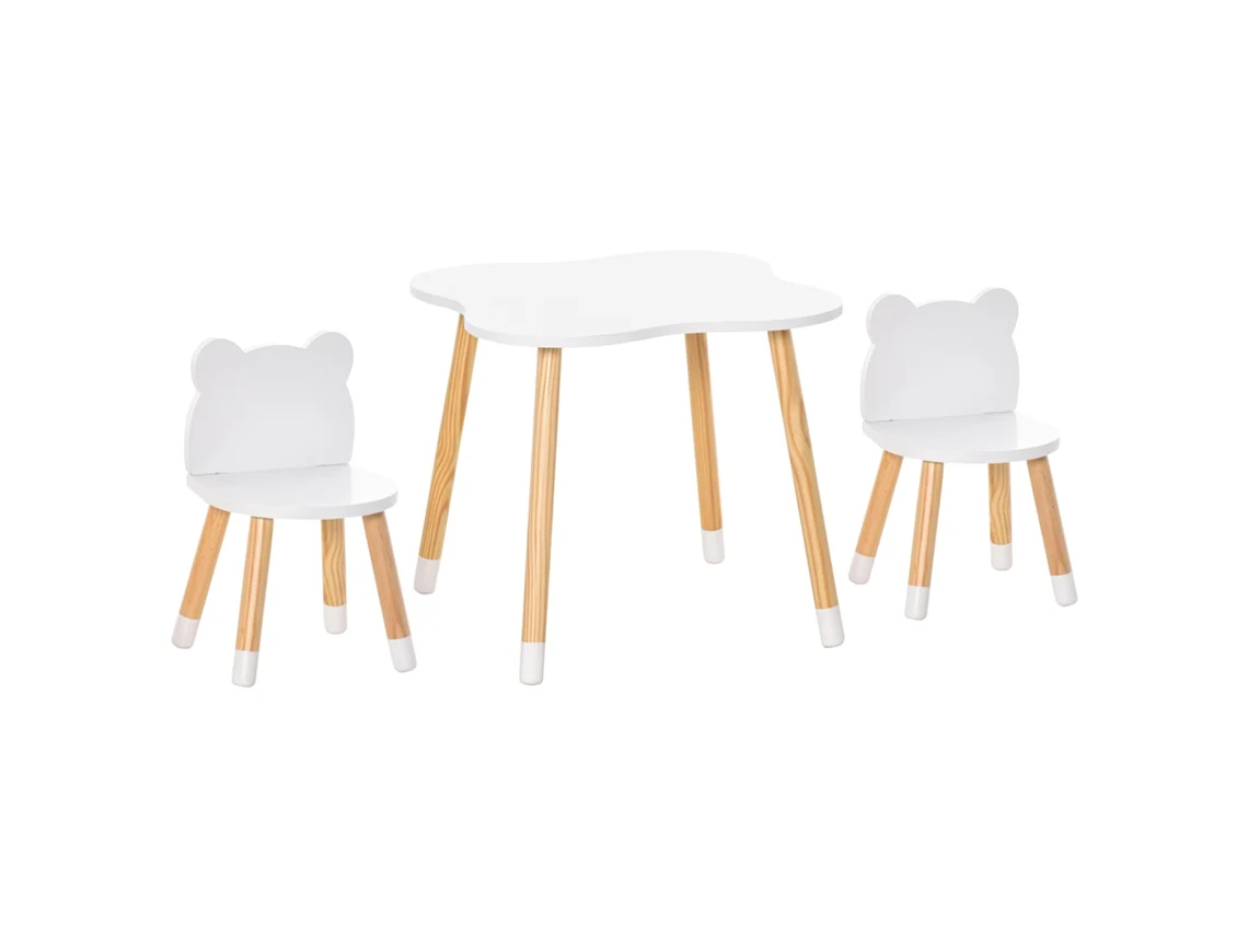 Conjunto Infantil de Mesa e 2 Cadeiras Mdf e Madeira de Pinho Cor Branco e Madeira Natural 56x56x50 cm Homcom