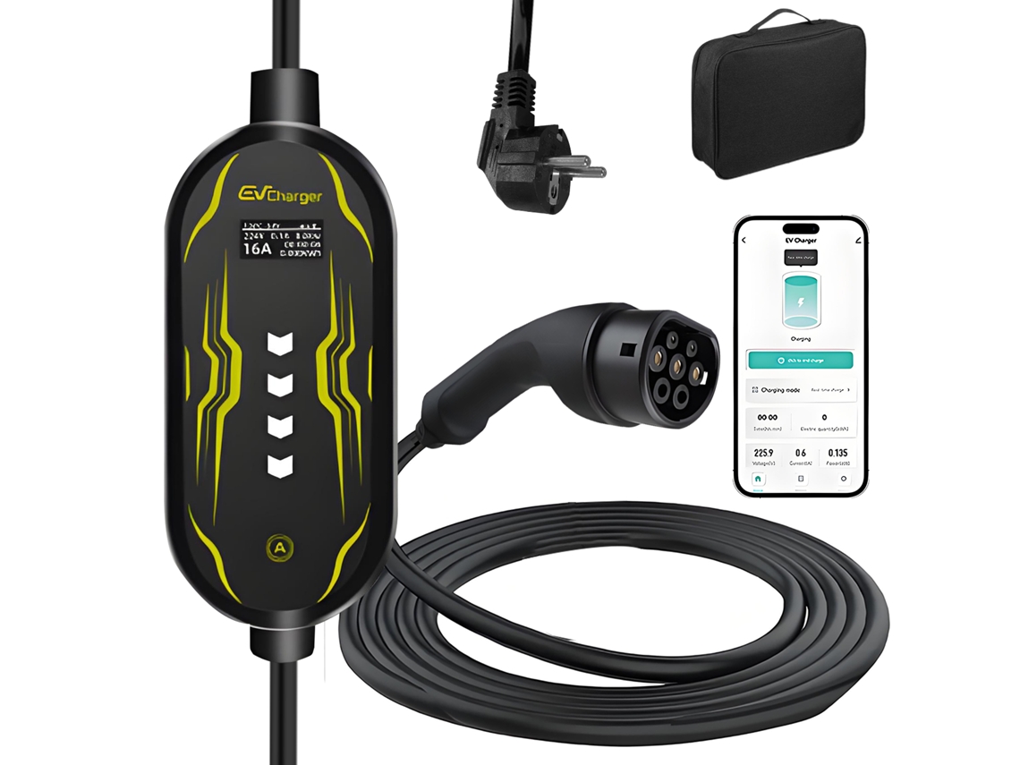 Carregador Portátil para Veículo Elétrico 3.5kw 16a Monofásico, Cabo 4m Tipo 2, Ip65, Proteção Múltipla JUNSUN