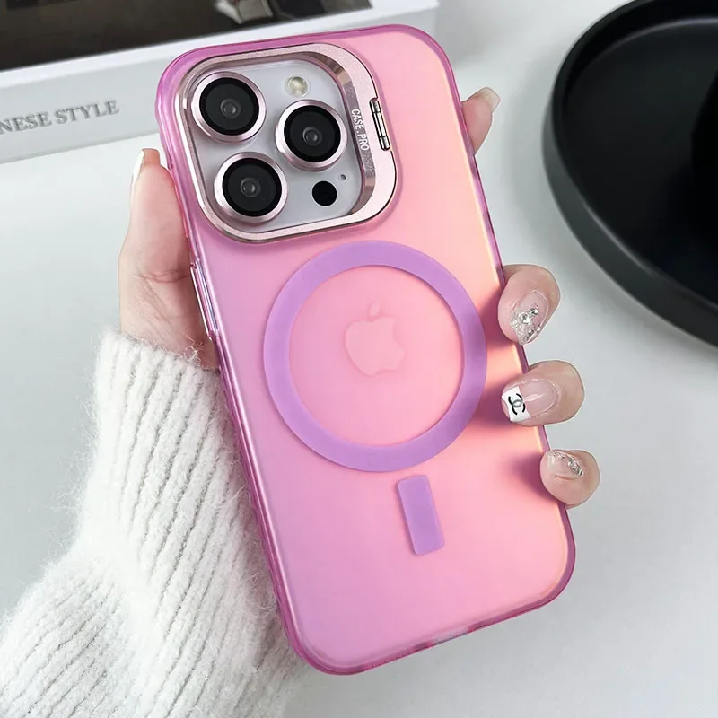 Capa Magnética Para Celular (iphone 12 Pro Max Rosa) Com Suporte De Metal Que Muda De Cor.