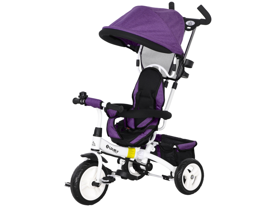 Triciclo Evolutivo para Bebés de +12 Meses 2 em 1 com Toldo Dobrável Guiador Cinto de Segurança e Cesto 95x50x106 Cm Roxo
