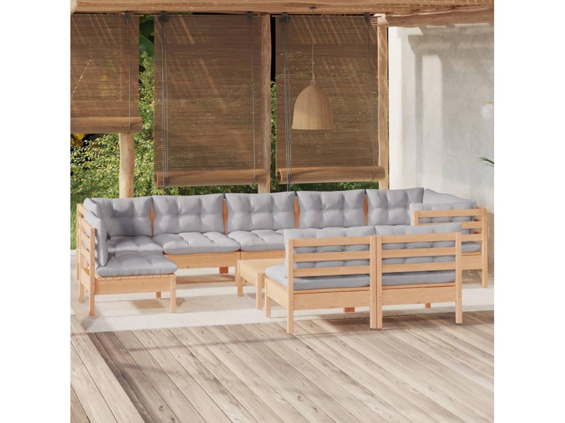 Vidaxl 10pcs Conjunto Lounge De Jardim + Almofadões Cinza Pinho Maciço