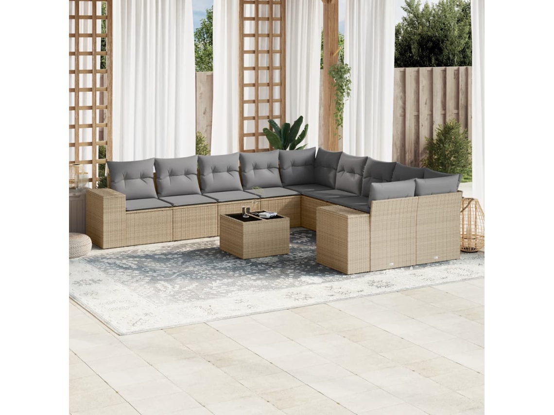 Vidaxl 11 Pcs Conjunto Sofás De Jardim C/ Almofadões Vime Pe Bege
